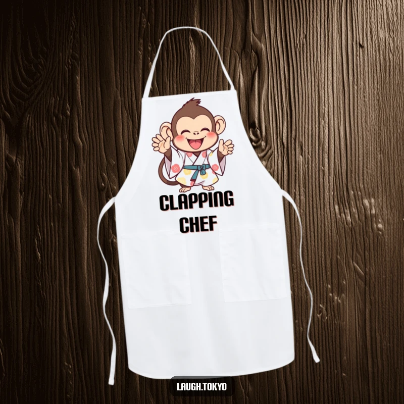 Funny monkey in a bright kimono, enthusiastically clapping, on a practical apron, bringing joyful humor to the kitchen, a funny gift.