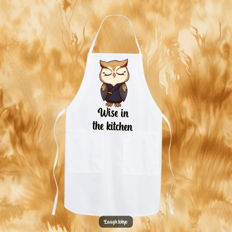 Funny owl in a dark, elegant kimono, gazing peacefully while cooking, featured on a practical apron, a humorous kitchen gift.