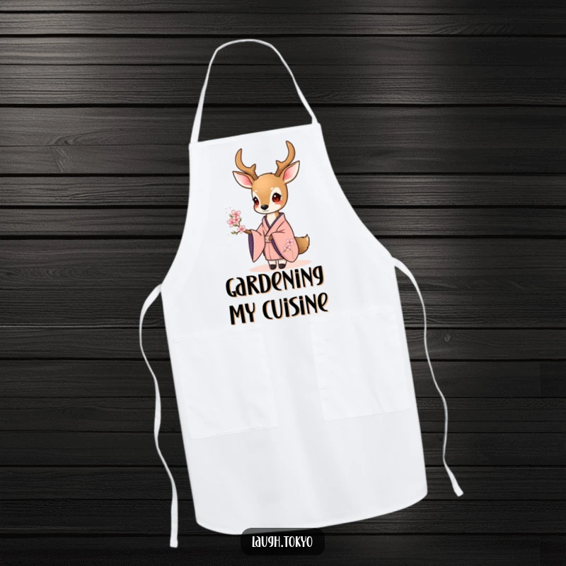 Funny sweet deer in an elegant kimono offering a tiny cherry blossom, printed on a functional and elegant kitchen apron.