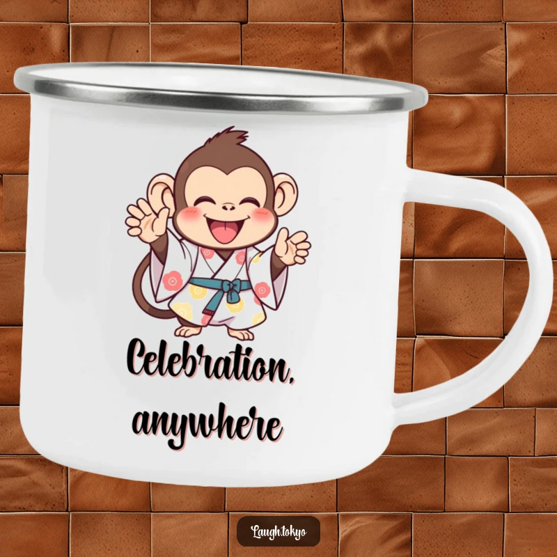 Funny monkey in a bright kimono, enthusiastically clapping, on a sturdy camping mug, bringing cheerful energy to outdoor fun, a funny gift.