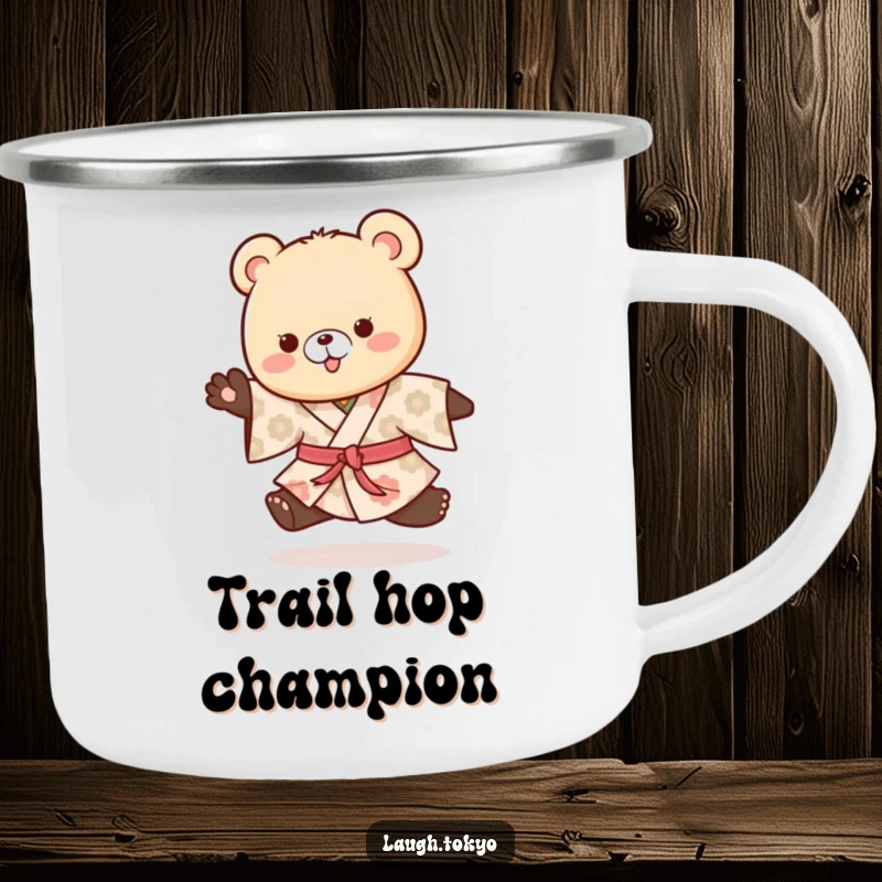 Funny playful bear cub in a patterned kimono doing a happy hop, printed on a rugged camping mug.