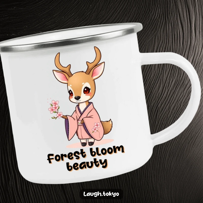 Funny sweet deer in an elegant kimono offering a tiny cherry blossom, printed on a rugged camping mug.