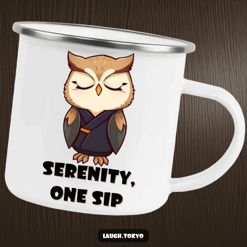 Funny owl in a dark, elegant kimono, gazing peacefully, on a sturdy camping mug, perfect for outdoor humor and gifts.