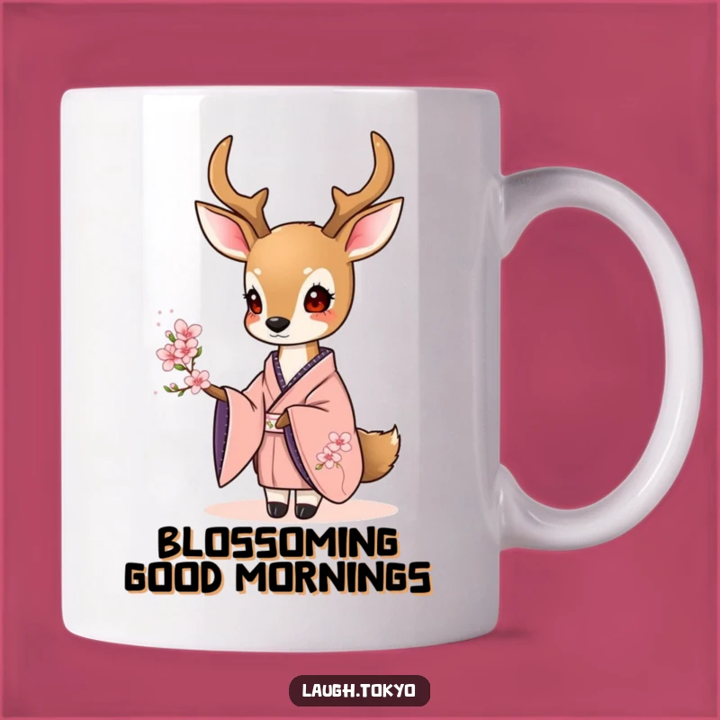 Funny Deer Kimono Mug: Elegant Blossom Offering, Perfect Humorous Gift