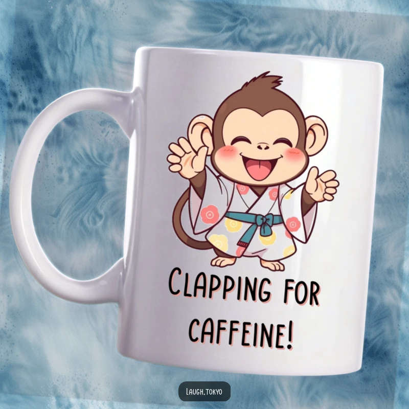 Funny, joyful monkey in a bright kimono enthusiastically clapping, depicted on a ceramic mug, a perfect funny gift for celebrations.