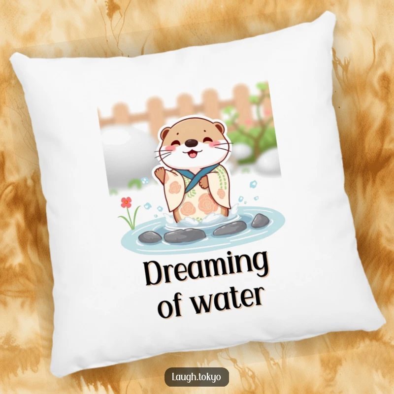 Funny charming otter in a festive kimono splashing with joy in a small pond, featured on a soft and huggable decorative pillow.