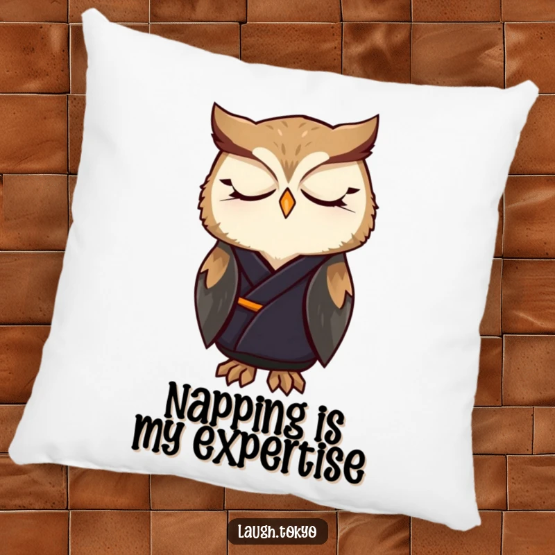 Funny owl in an elegant kimono, looking serene and peaceful, displayed on a soft, decorative pillow, a humorous home accent.