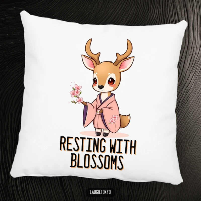 Funny sweet deer in an elegant kimono offering a tiny cherry blossom, featured on a soft and huggable decorative pillow.