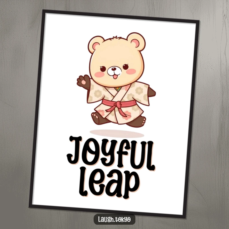 Funny playful bear cub in a patterned kimono doing a happy hop, available as a high-resolution digital art print.