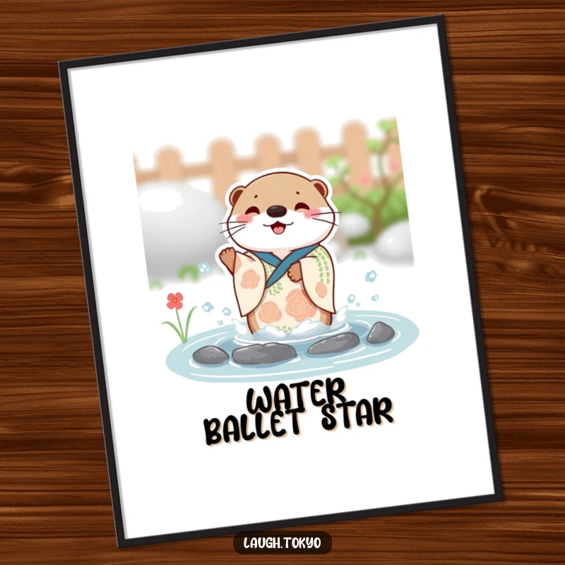 Funny charming otter in a festive kimono splashing with joy in a small pond, available as a high-resolution digital art print.