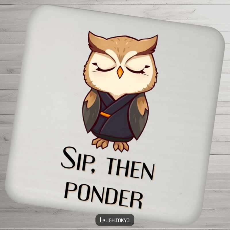 Funny owl in an elegant kimono, looking peaceful, on a drink coaster, offering humorous table protection and a witty gift.