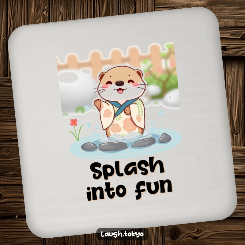Funny charming otter in a festive kimono splashing with joy in a small pond, depicted on a protective drink coaster.