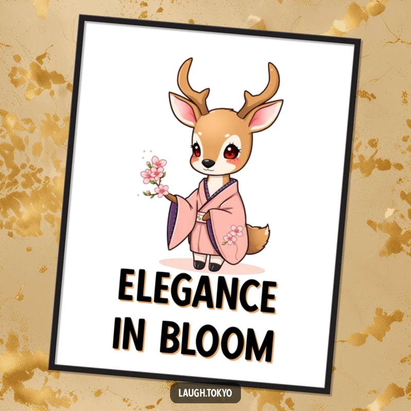 Funny sweet deer in an elegant kimono offering a tiny cherry blossom, presented as serene wall art.
