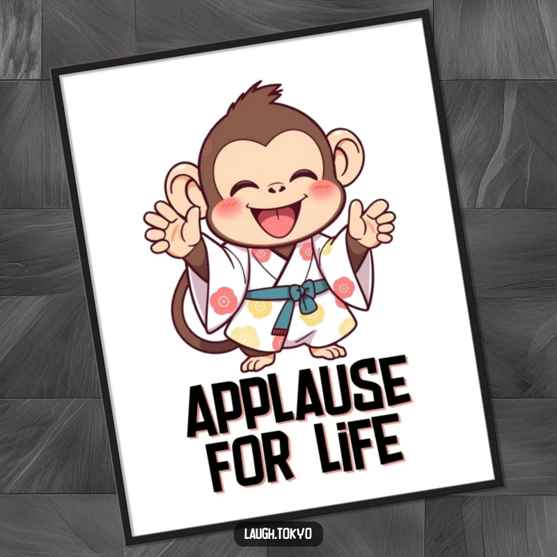 Funny monkey in a bright kimono, enthusiastically clapping, as a humorous art print poster, bringing cheerful energy to any space.
