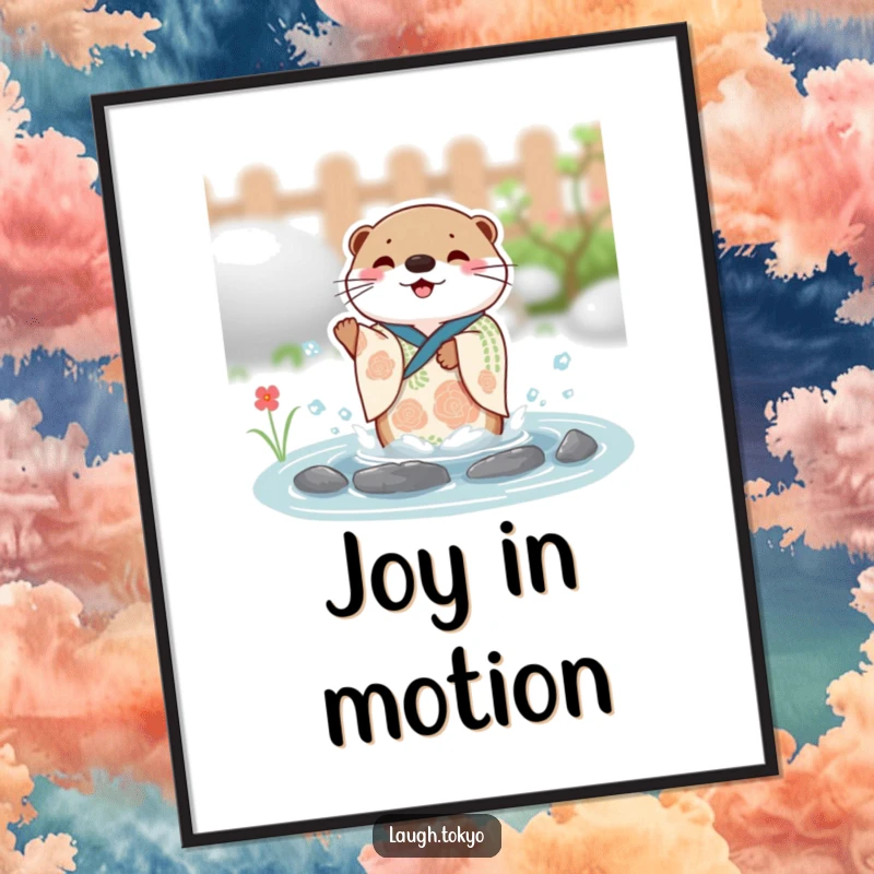 Funny charming otter in a festive kimono splashing with joy in a small pond, presented as charming wall art.