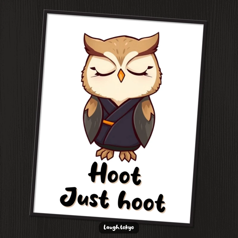 Funny owl in a dark, elegant kimono, gazing peacefully, framed as a humorous art print poster for wall decor, a unique gift.