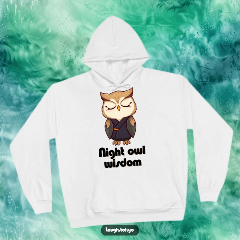 Funny, contented owl in a dark, elegant kimono, gazing peacefully, printed on a warm, cozy hoodie, a humorous present.