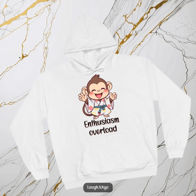 Funny, joyful monkey enthusiastically clapping in a bright kimono, featured on a warm, cozy hoodie, a humorous and cheerful present.