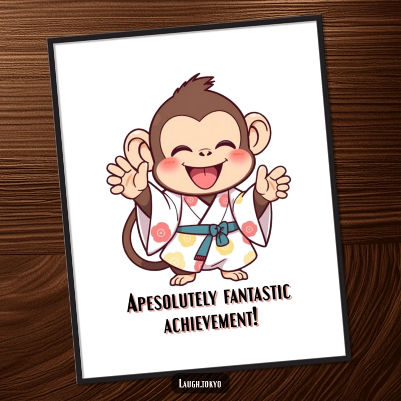 Funny Free Printable Wall Art of a joyful monkey in a bright kimono, enthusiastically clapping its hands.