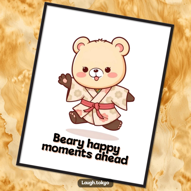 Funny Free Printable Wall Art: Playful bear cub in patterned kimono doing a cheerful hop.