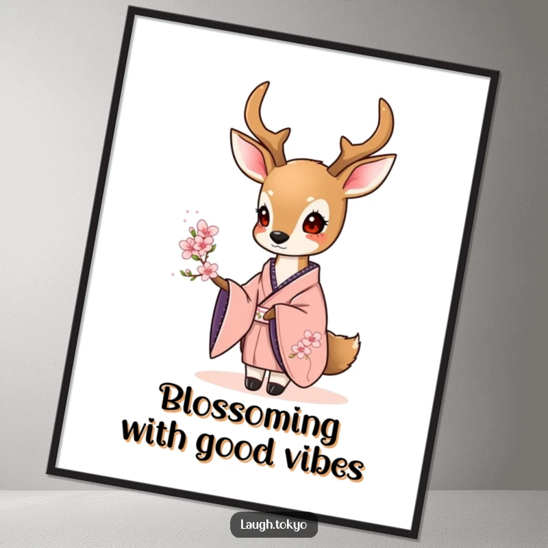 Elegant Free Printable Wall Art: Sweet deer in kimono offering a delicate cherry blossom.