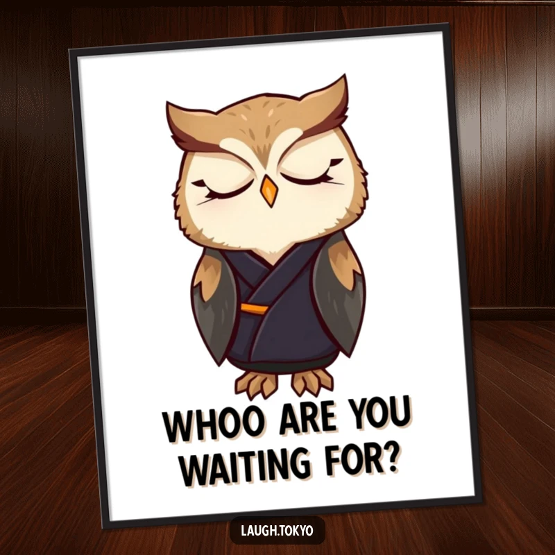 Funny Free Printable Wall Art of a contented owl wearing a dark, elegant kimono, gazing peacefully.