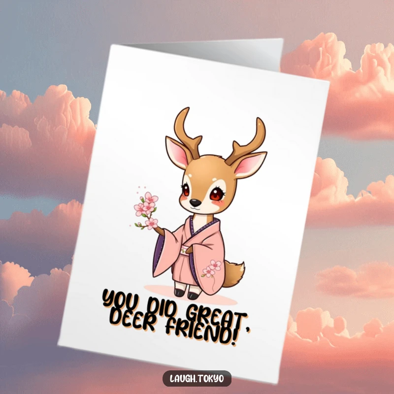 Elegant Free Printable Congrats Card: Graceful deer in kimono presents a delicate cherry blossom.