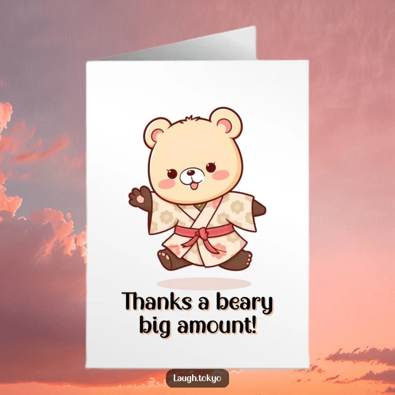 Funny Free Printable Thank You Card: Playful bear cub in kimono hopping happily.