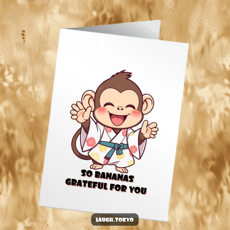 Funny Free Printable Thank You Card of a joyful monkey in a bright kimono, clapping enthusiastically.