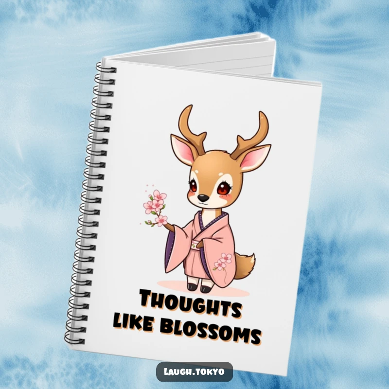 Funny sweet deer in an elegant kimono offering a tiny cherry blossom, on the cover of this elegant notebook.