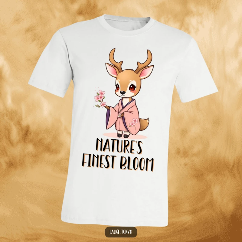Funny sweet deer in an elegant kimono offering a tiny cherry blossom, printed on a soft graphic tee.